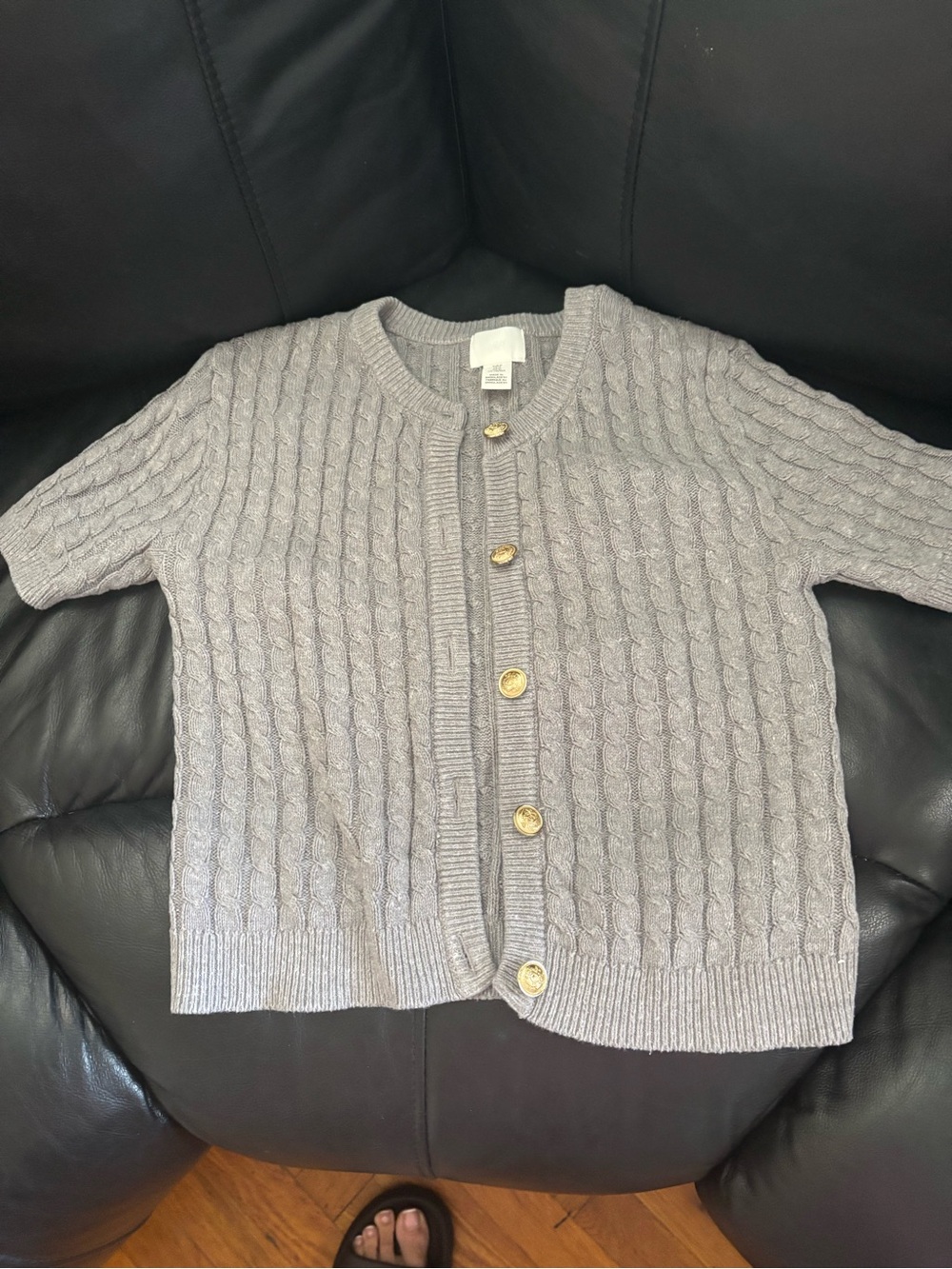 H&M Light Grey Cable-Knit Short Sleeve Cardigan with Gold Buttons